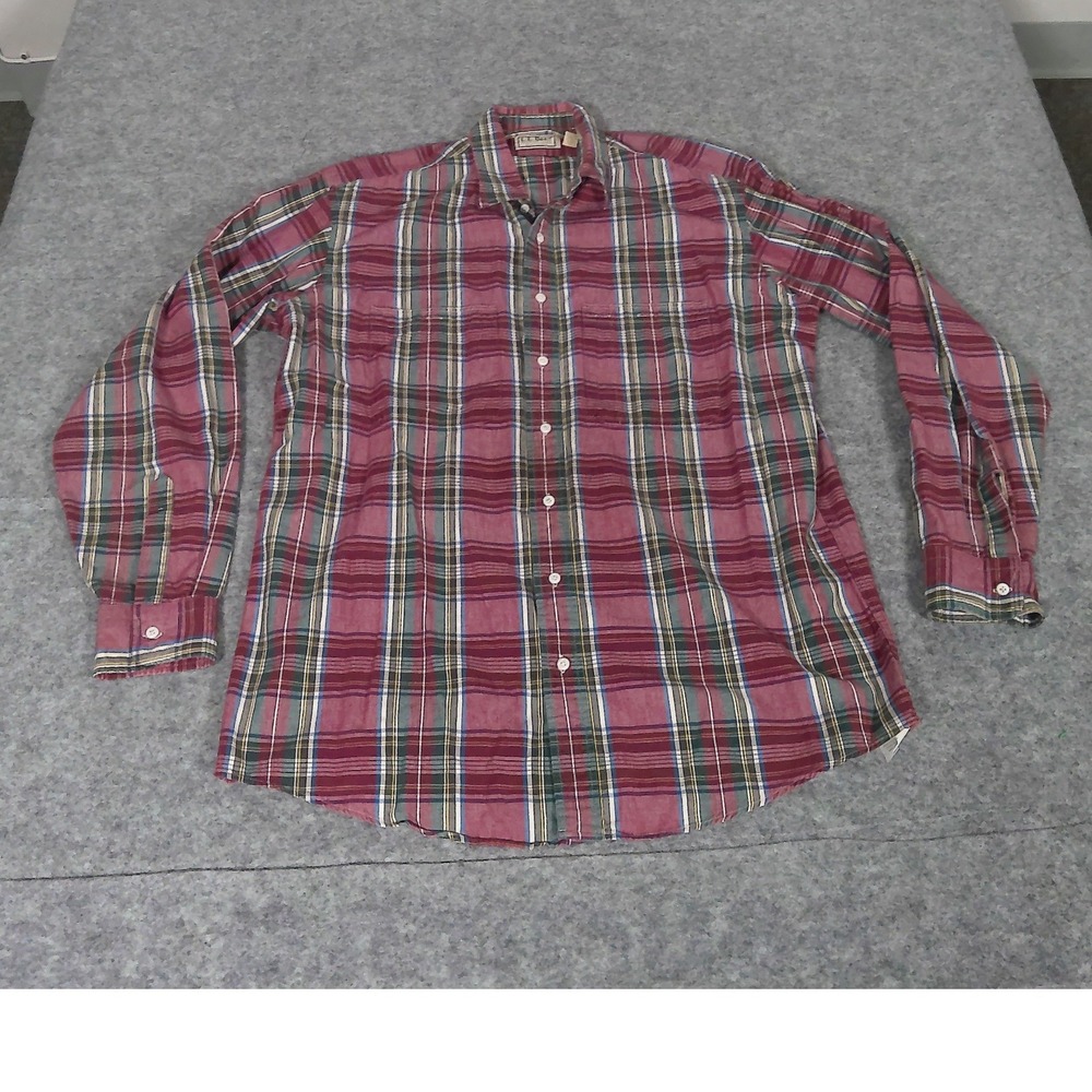 LL Bean Vintage Plaid Button Down Shirt Mens Large Tall Red Green Made in USA